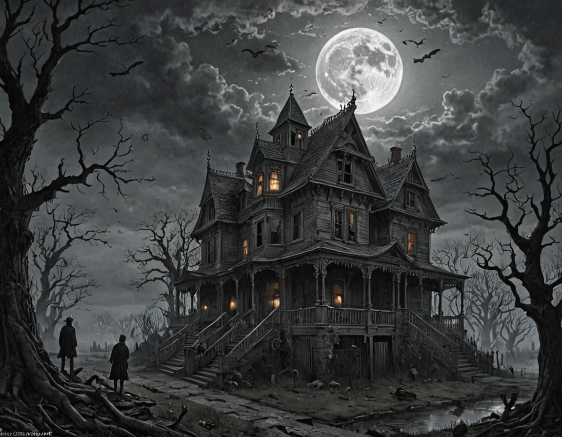 Haunted House Under Rising Moon in Gothic Horror Style