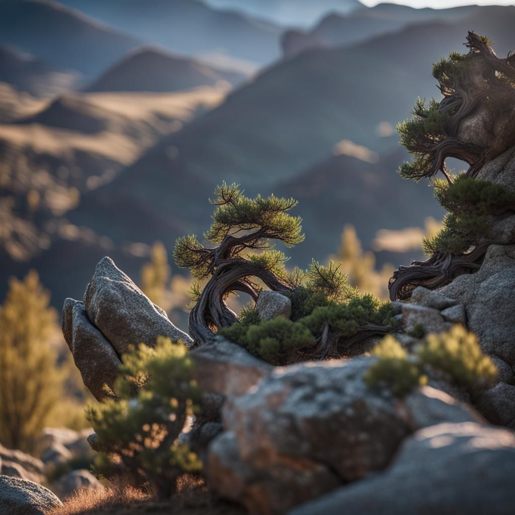 Wind-Gnarled Junipers in a Jagged Highland Landscape