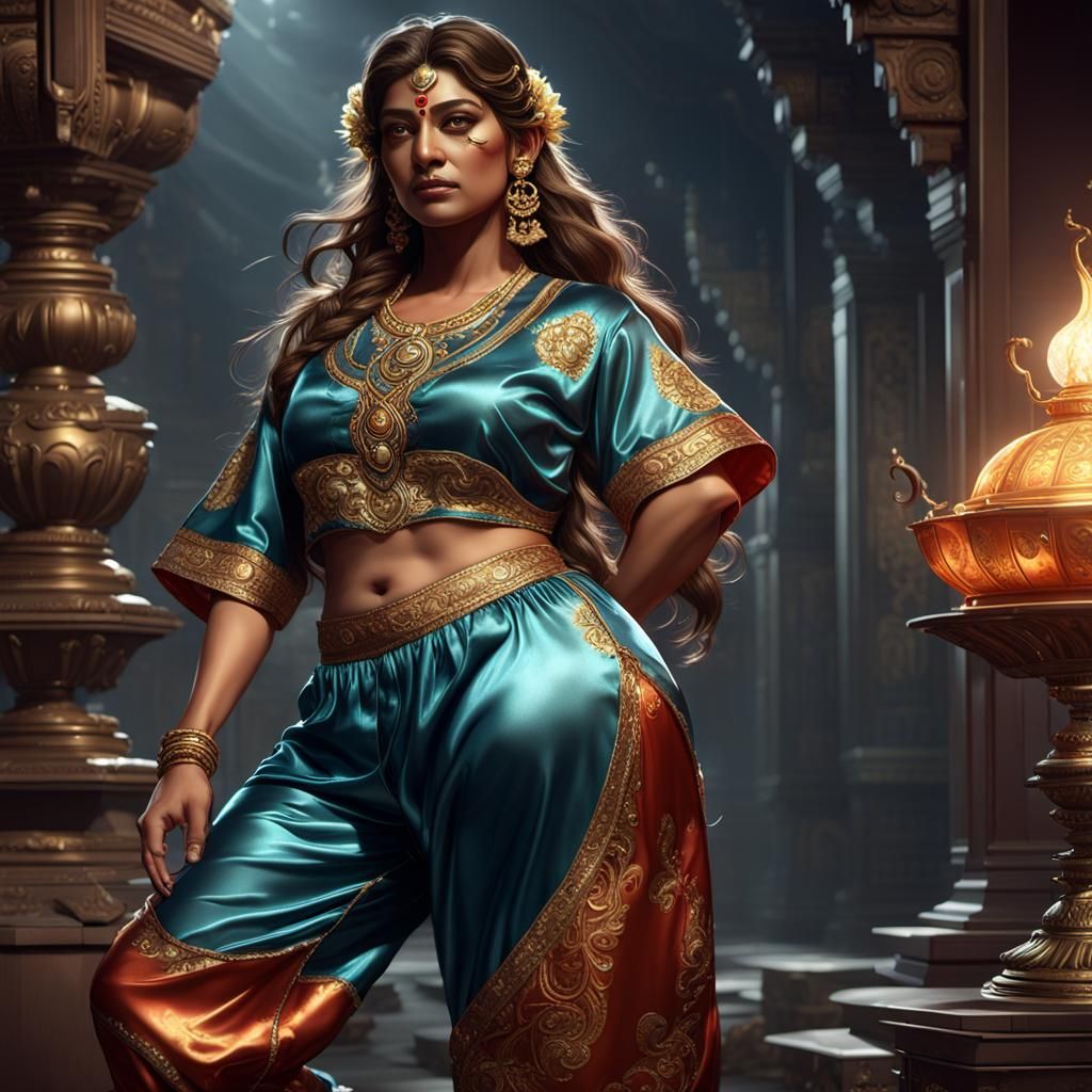 Curvy Indian Goddess in Satin Pajamas, Dark Fantasy Art