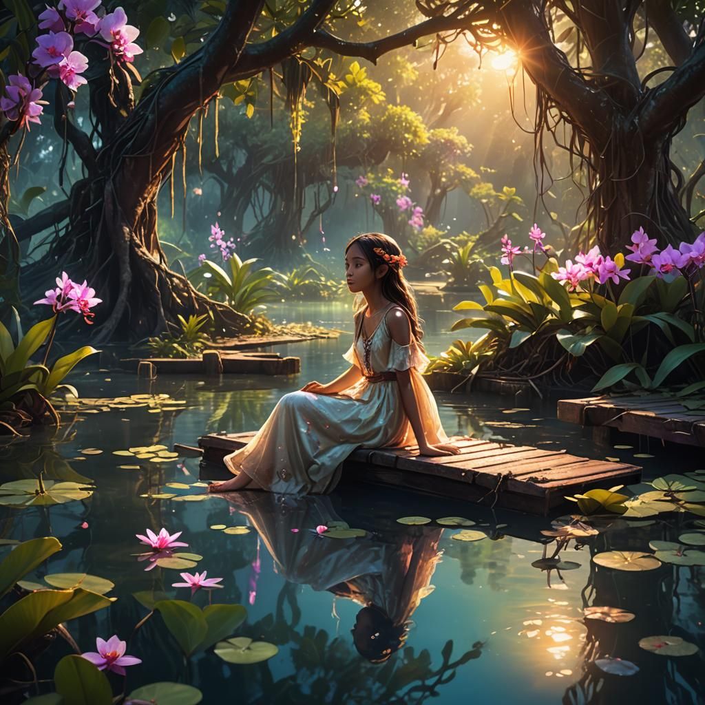 Mystical Lagoon: Girl on Pontoon in Fantasy Art