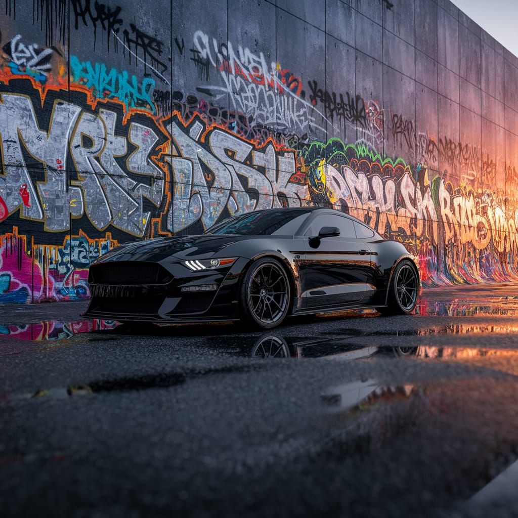 Hyper-Realistic Black Sports Car with Graffiti Art