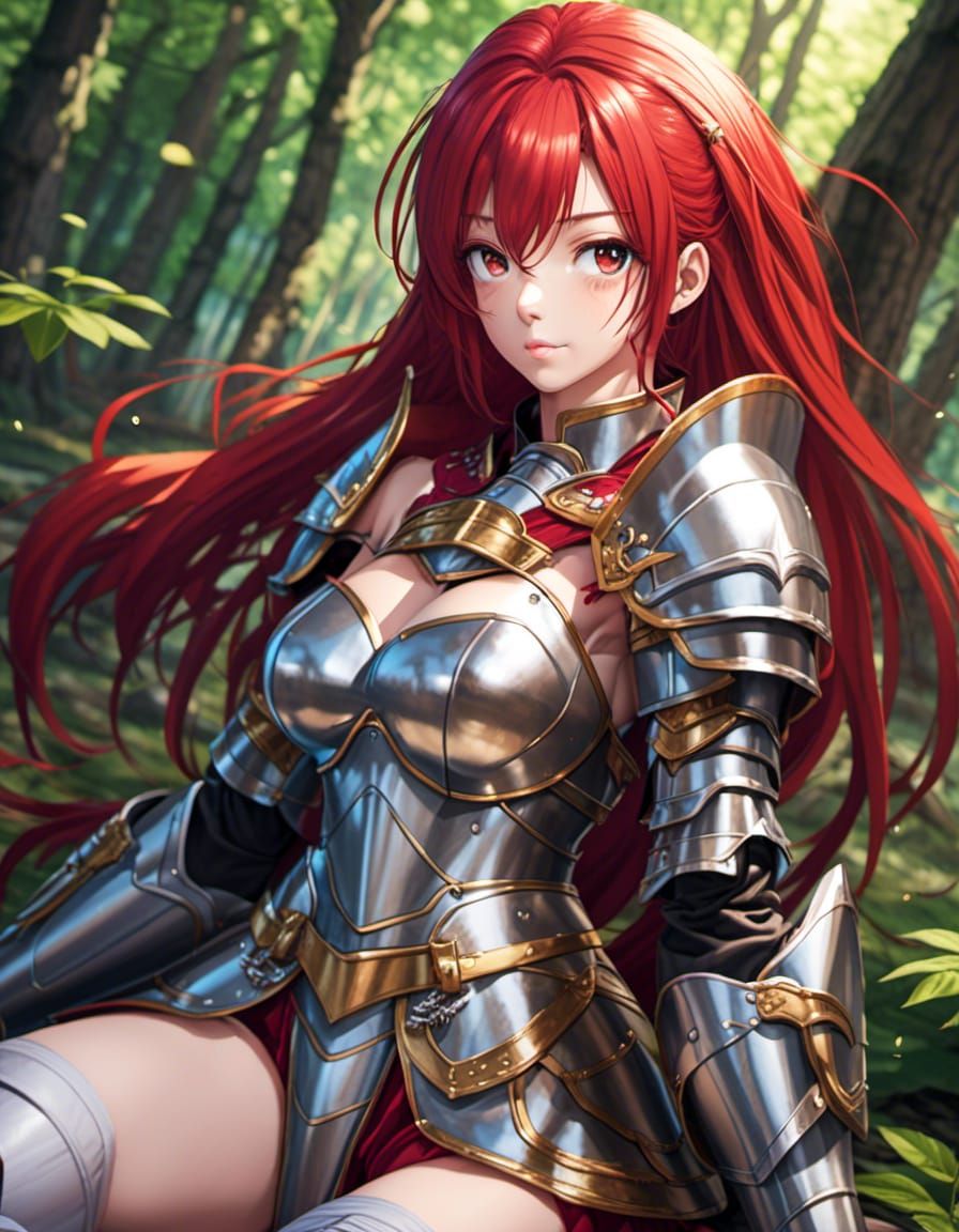Red-Haired Knight in Anime Style Armor