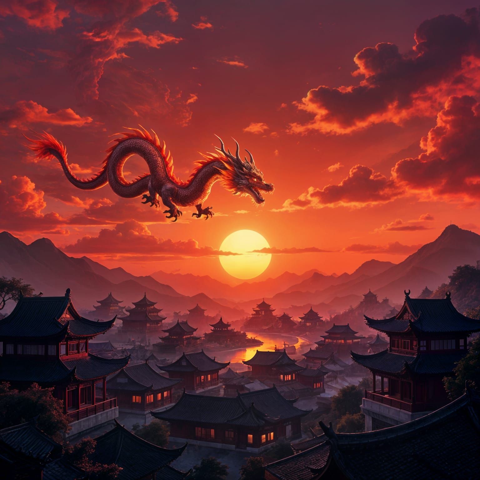 Majestic Chinese Dragon Sunset Fantasy Art