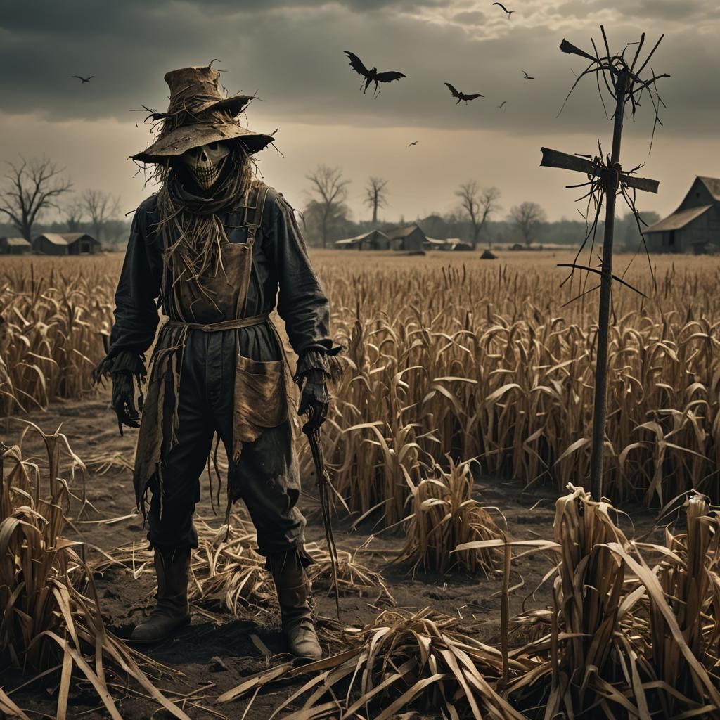 Menacing Scarecrow in Desolate Farm: Dark Fantasy Art