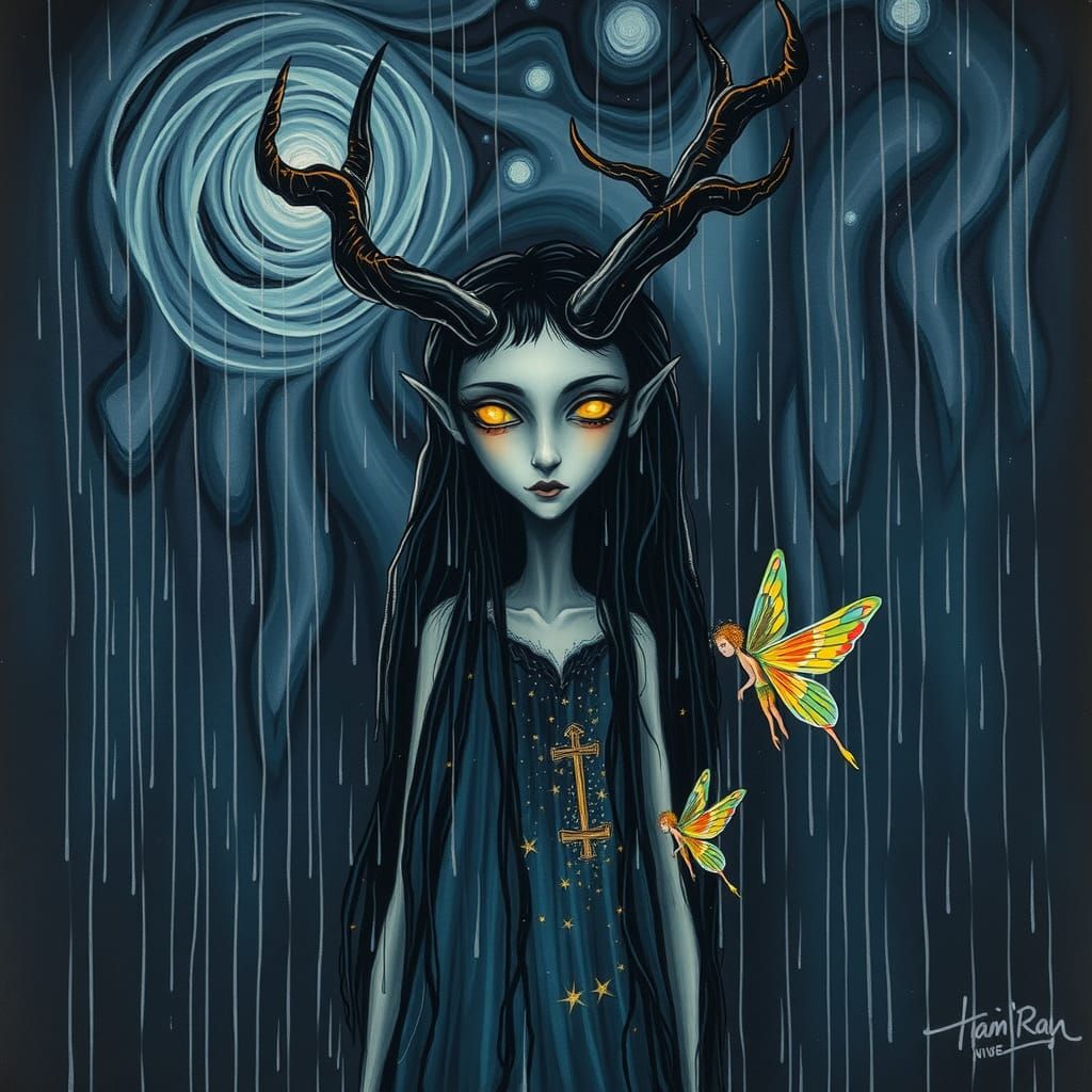 Pagan Goddess in Cubist Dreamscape with Rainbow Fairy