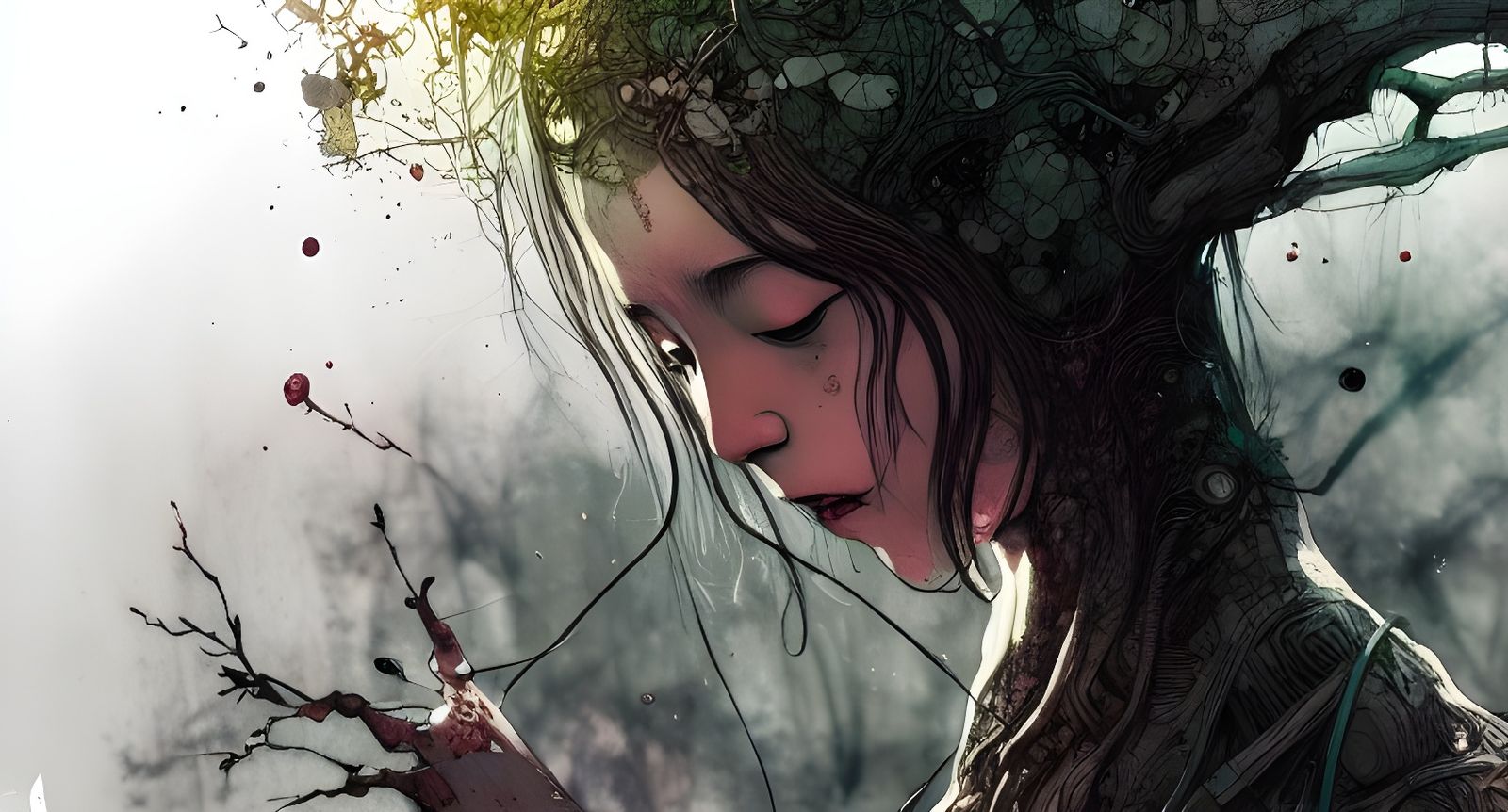 Girl Turning into Tree: Detailed Digital Art