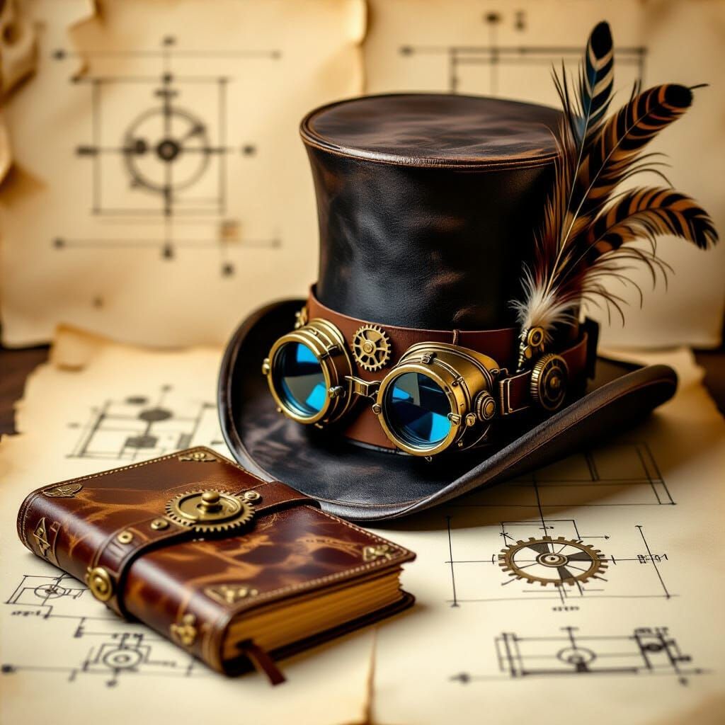 Steampunk Top Hat with Goggles on Technical Drawing