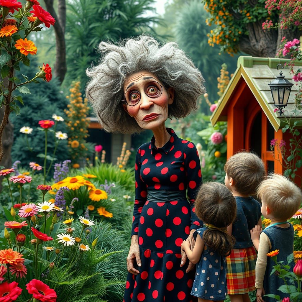 Whimsical Garden Scene Inspired by Miyazaki and Burton