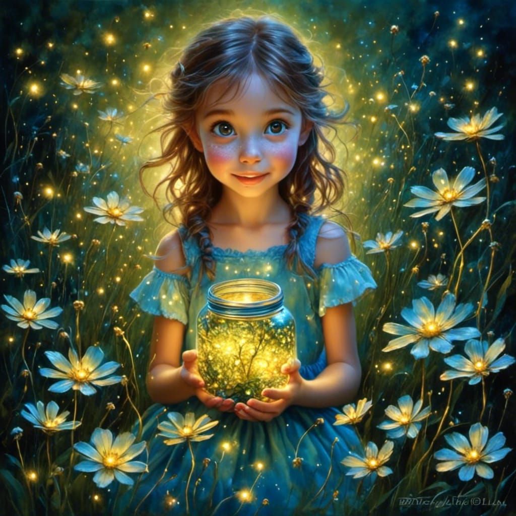 Girl with Glowing Fireflies in Oil Painting Style