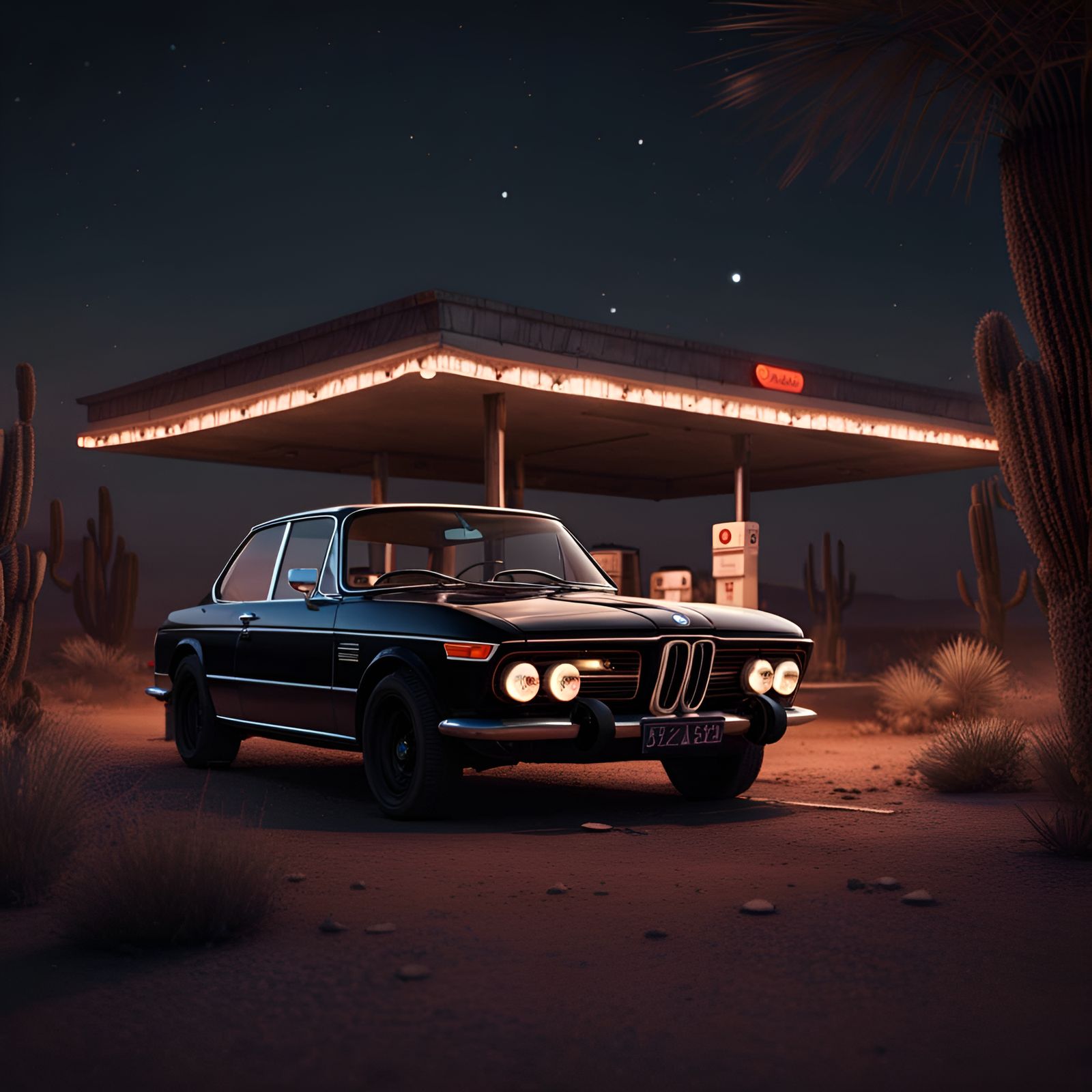 Black BMW E9 at Desert Gas Station in 8K
