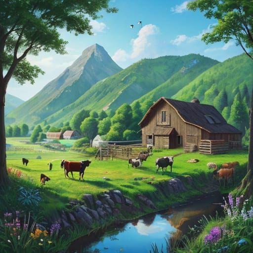 Whimsical Village Scene: Woman Working with Animals in Lush ...