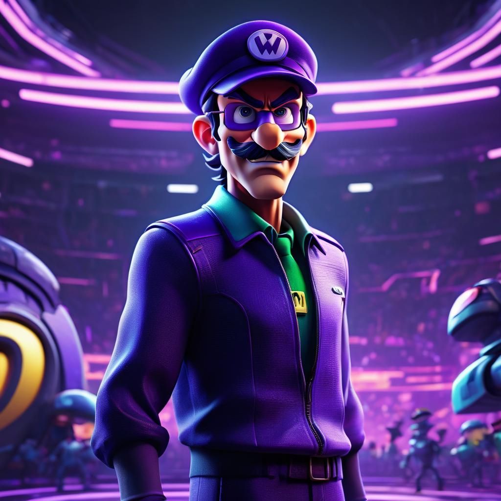 Waluigi in Futuristic Arena: Disney Pixar Style