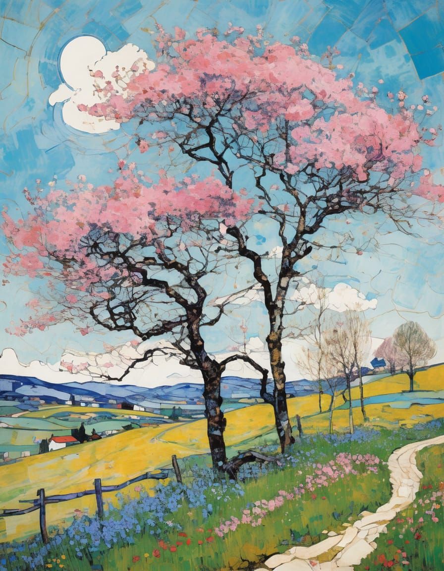 Spring Landscape in Art Nouveau Pop Art Style