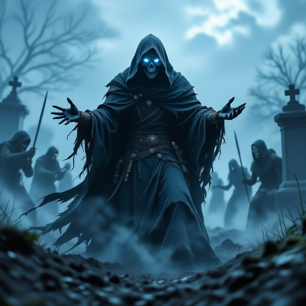 Necromancer Commands Undead Horde in Misty Graveyard