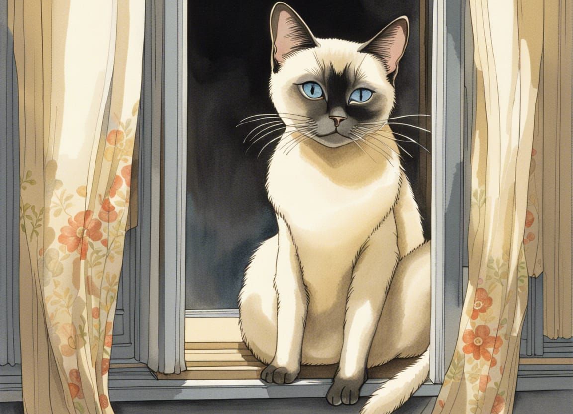 Siamese Cat in Window, Yoshitaka Amano Style