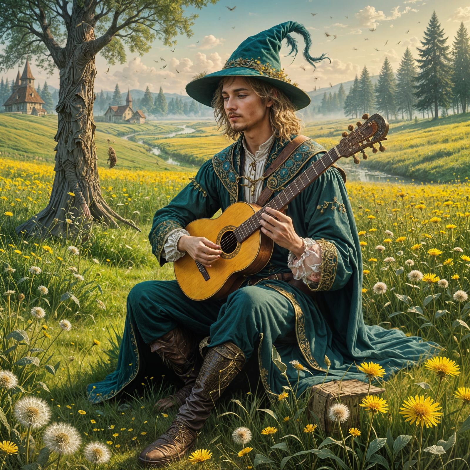 Dark Fantasy Bard in Morning Meadow