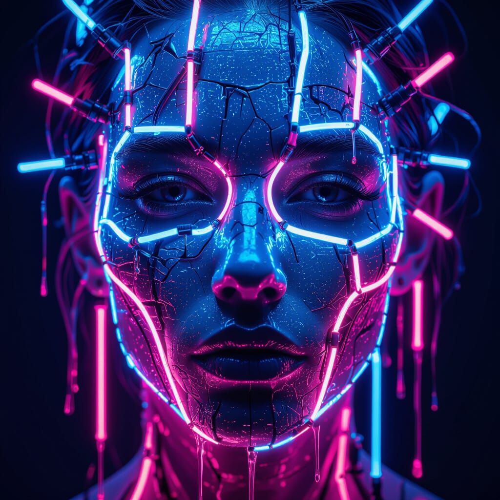 Human Face of Dripping Neon Lights in Cyberpunk Style