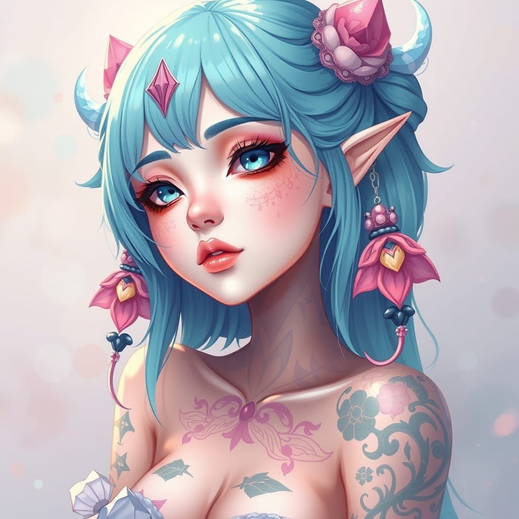 Pastel Anime Alien Princess with Symbolic Tattoos