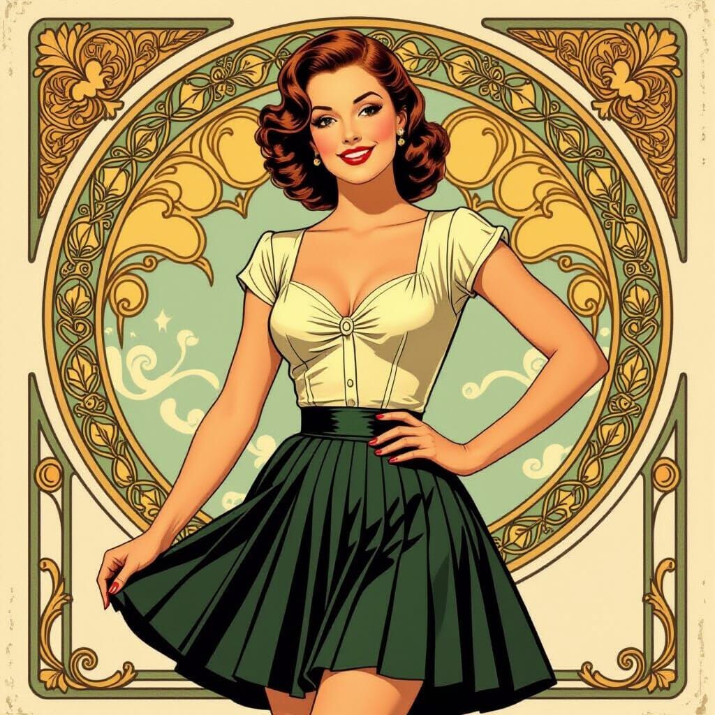 Vintage Pin-Up Woman in Pleated Outfit