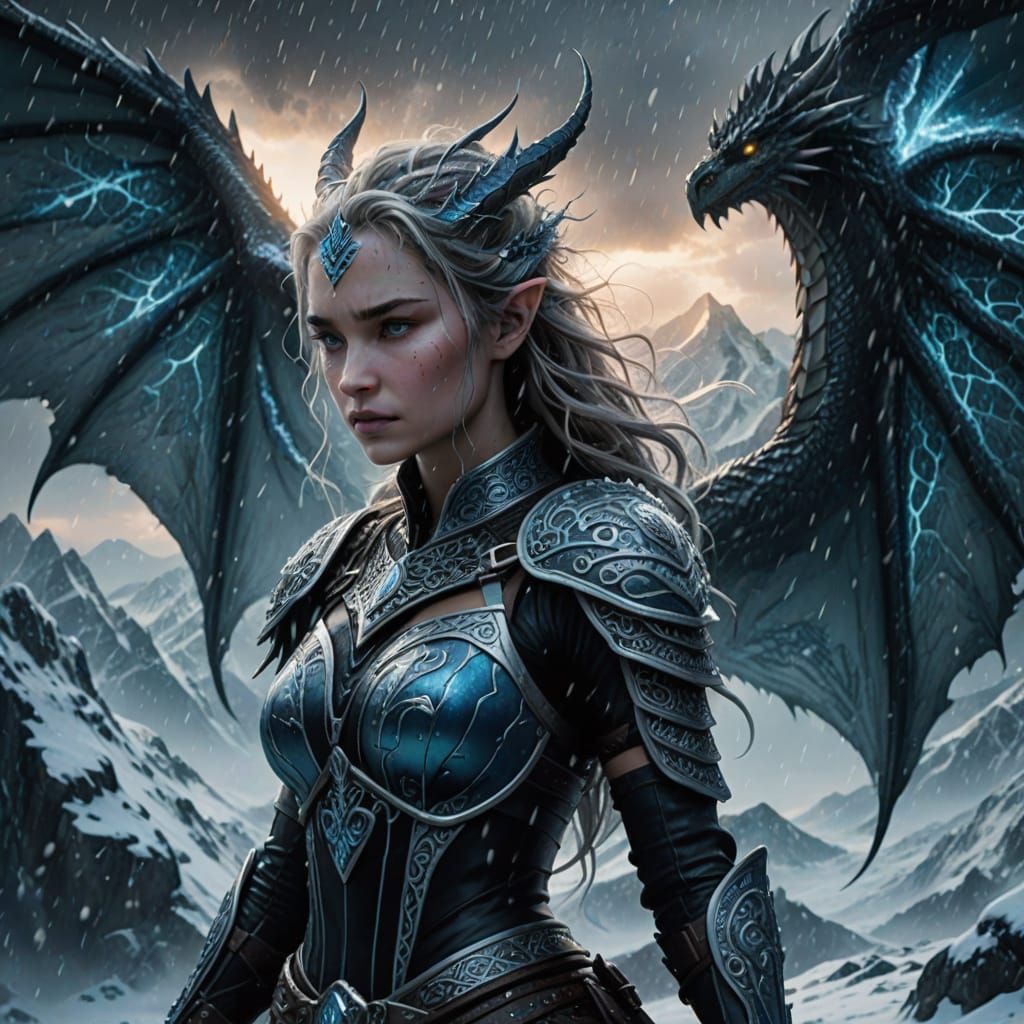 Celtic Princess on Striped Dragon Soaring Through Snowstorm