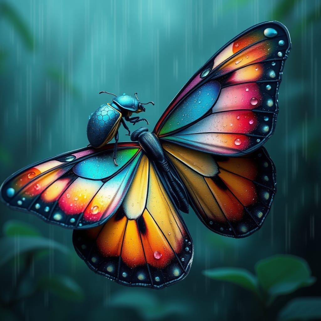 Blue Beetle Rides Butterfly in Misty Rainy Forest