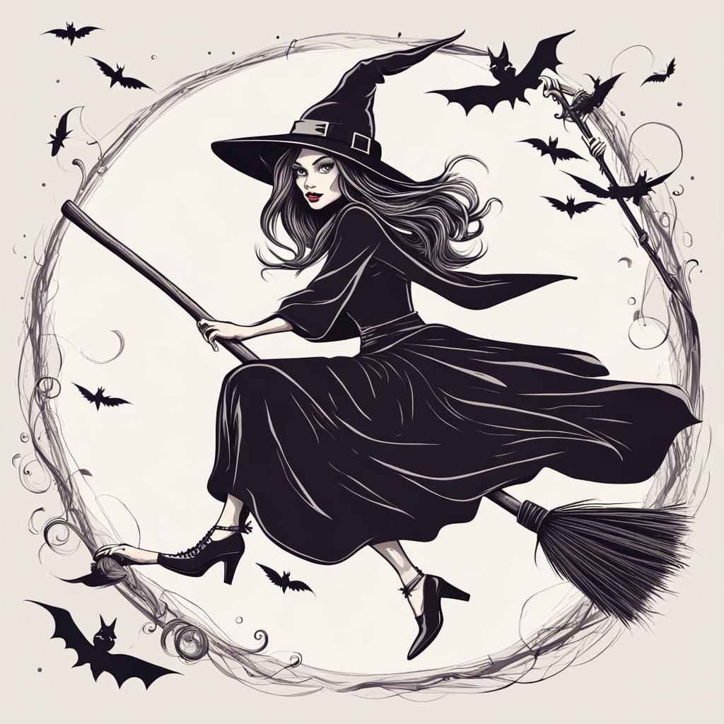Whimsical Witch in Flight on Broomstick