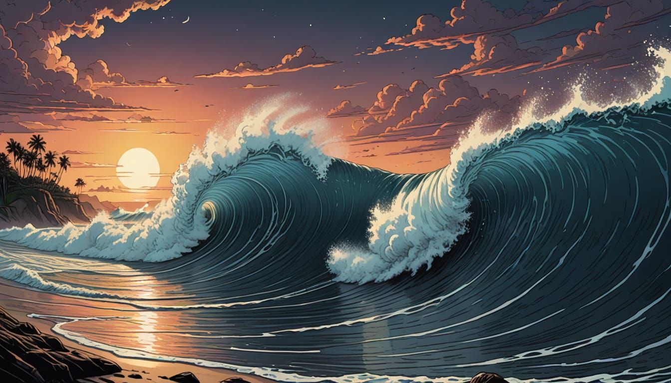 Dramatic Tropical Dawn in Retro Fantasy Style