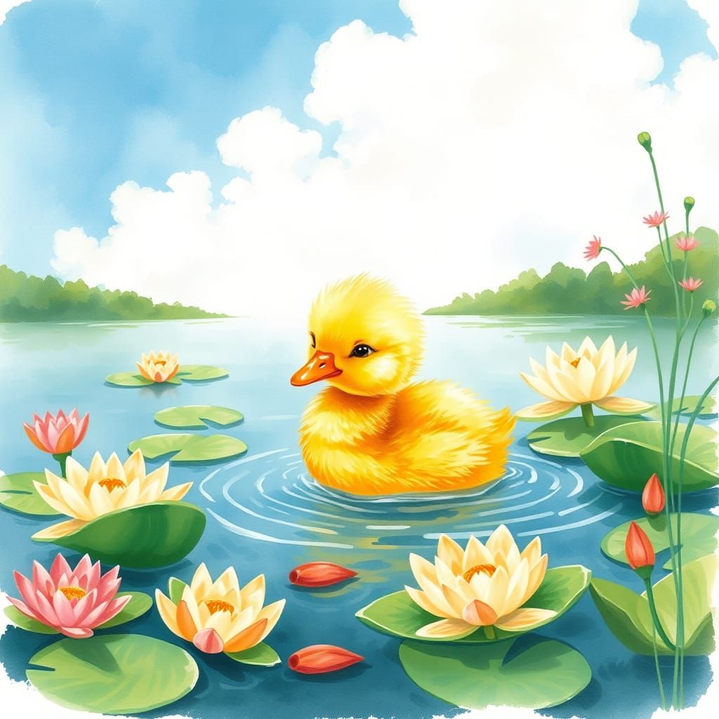 Whimsical Watercolor Duckling in a Serene Summer Pond