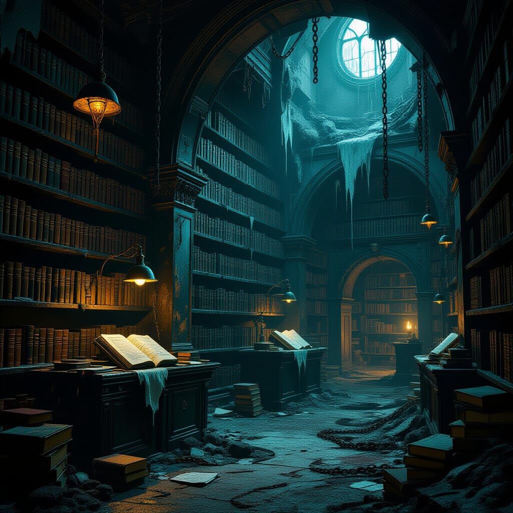 Dark Surrealist Alchemist Library with Dripping Ink