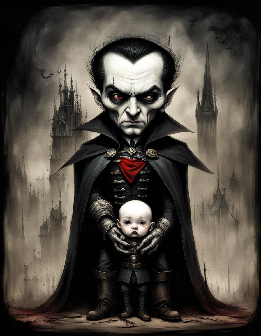 Dracula and Goth-Baby Portrait in Surreal Style