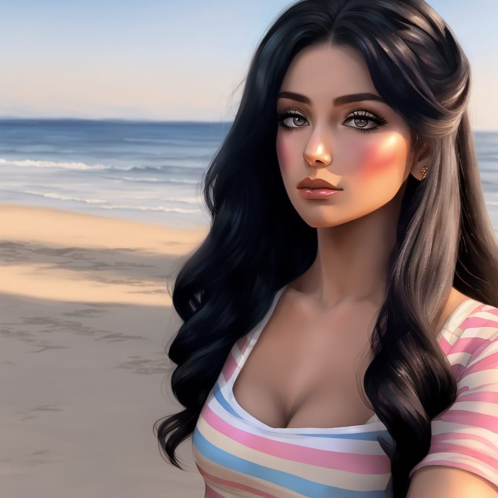 Saudi Woman on Beach in Anime-Manara Style