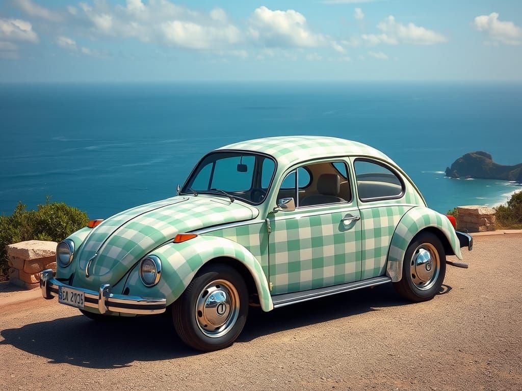 Volkswagen Beetle in Gingham Print at Seaside Overlook