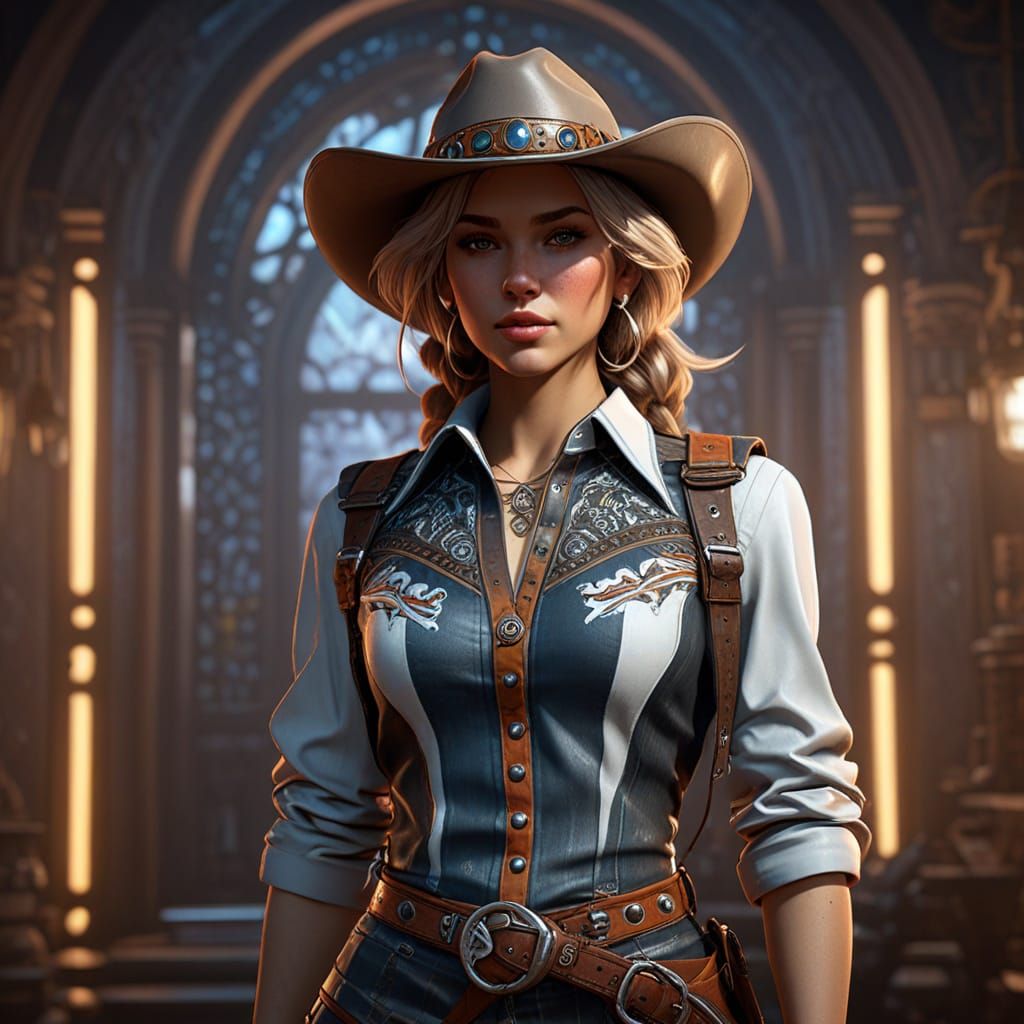 Cowgirl Portrait in Pre-Raphaelite Style with Detailed Patte...