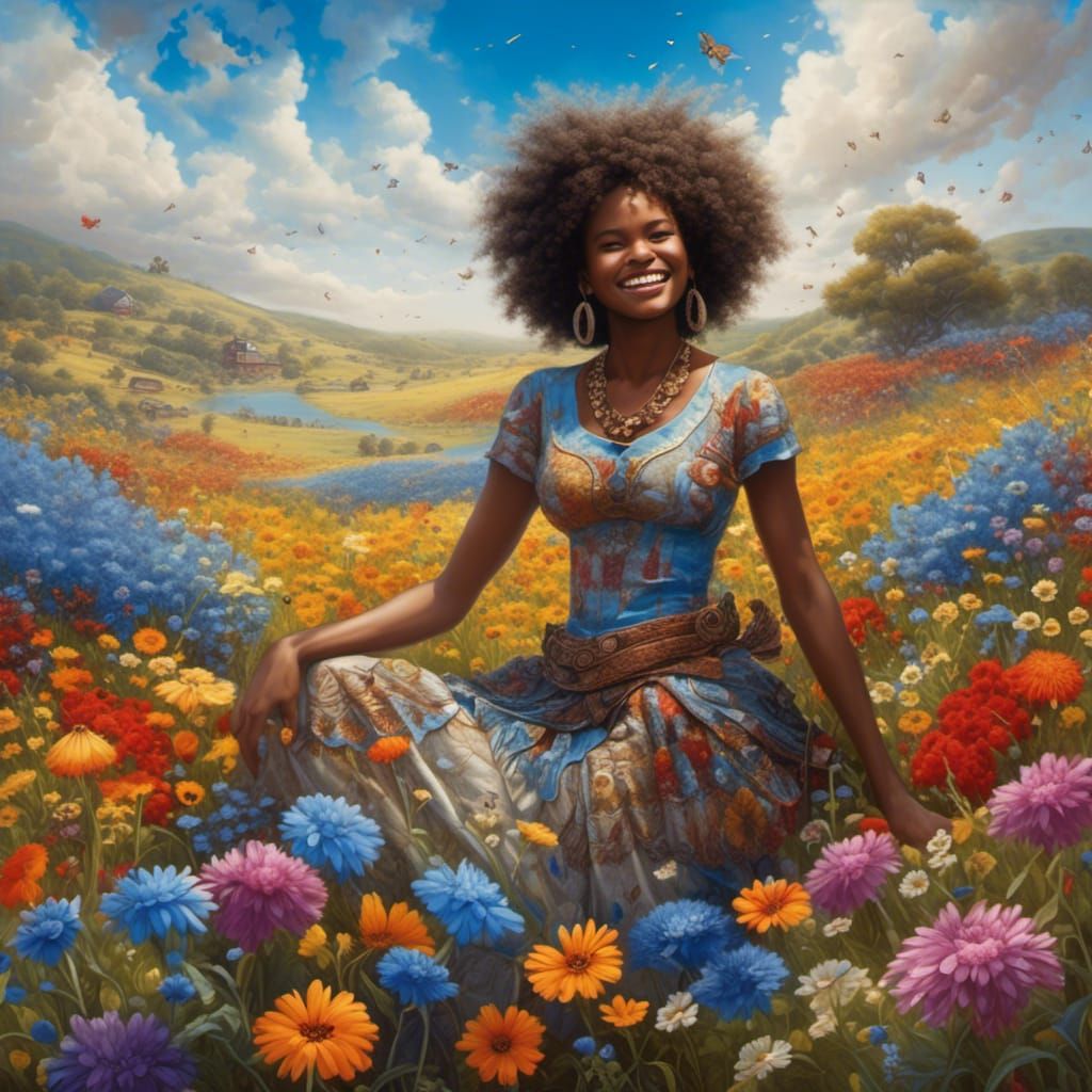 Hyperreal Landscape with Colorful Flowers as Matte Painting