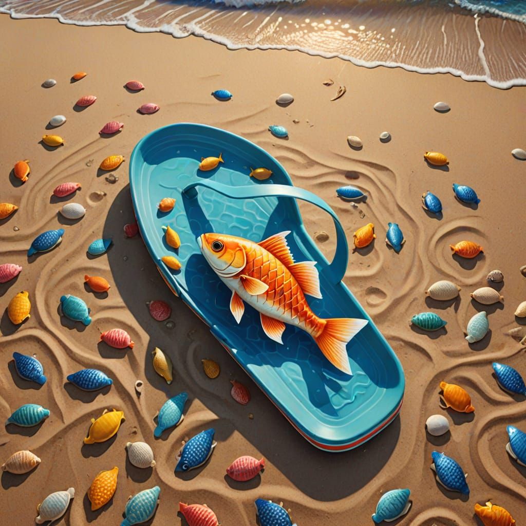 Surreal Fish School Inside Flip-Flop on Beach