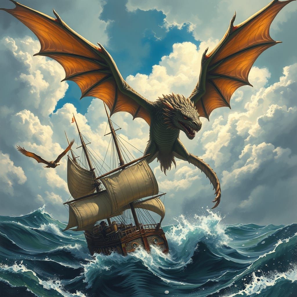 Dragon Attack on Sailing Ship in Frazetta Style