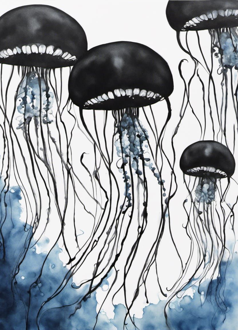 Jellyfish Bloom: Modern Ink Painting on Blue