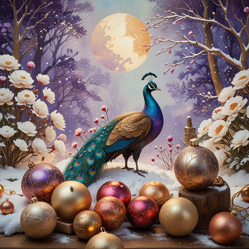 Whimsical Peacock and Otter Amidst Vibrant Peonies