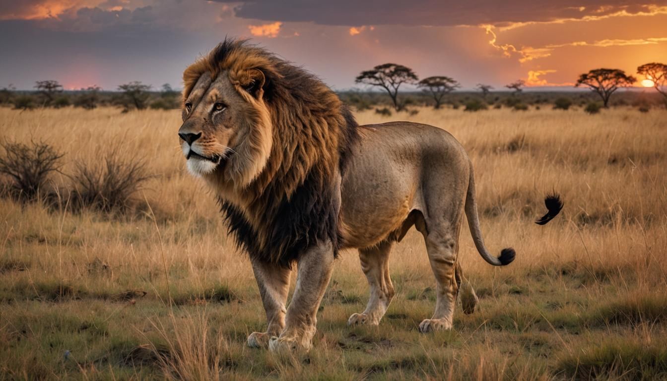 Lion on Savannah at Sunset