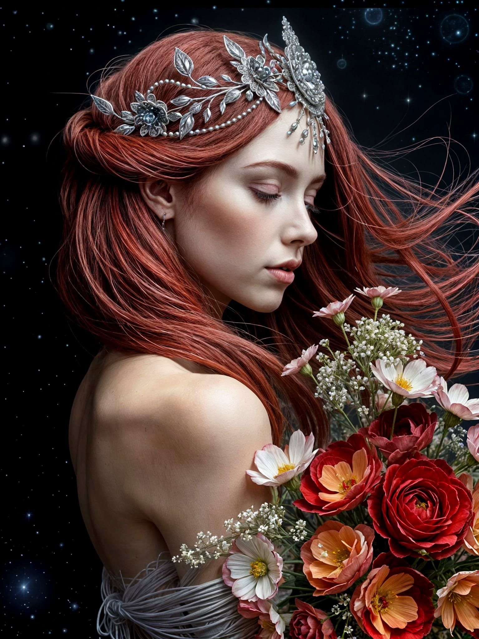 Surreal Portrait of a Woman in a Cosmic Floral Setting
