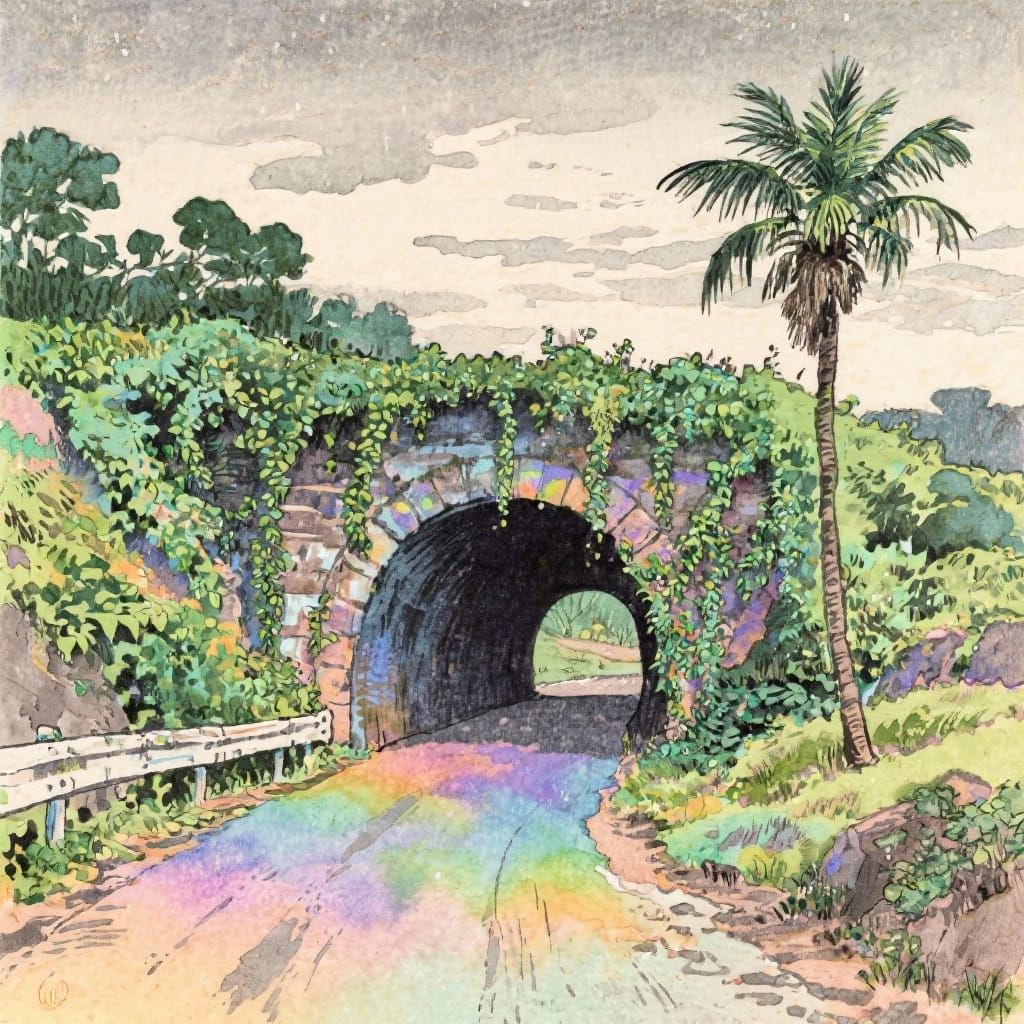 Ukiyo-e Tunnel with Palm Tree in Vintage Style