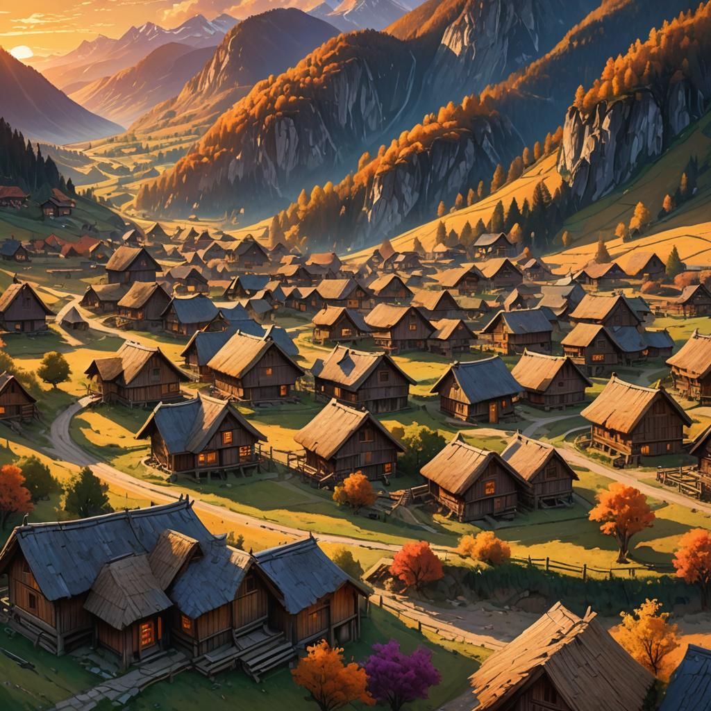 Fantasy Village at Sunset in Detailed Matte Painting