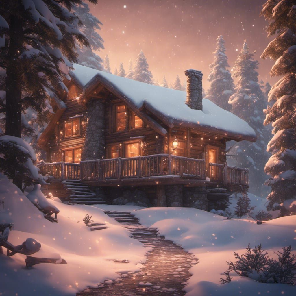 Snowy Cabin in Woods: Detailed Matte Painting