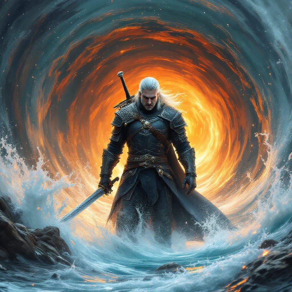 Geralt of Rivia at Water Vortex in Fantasy Style