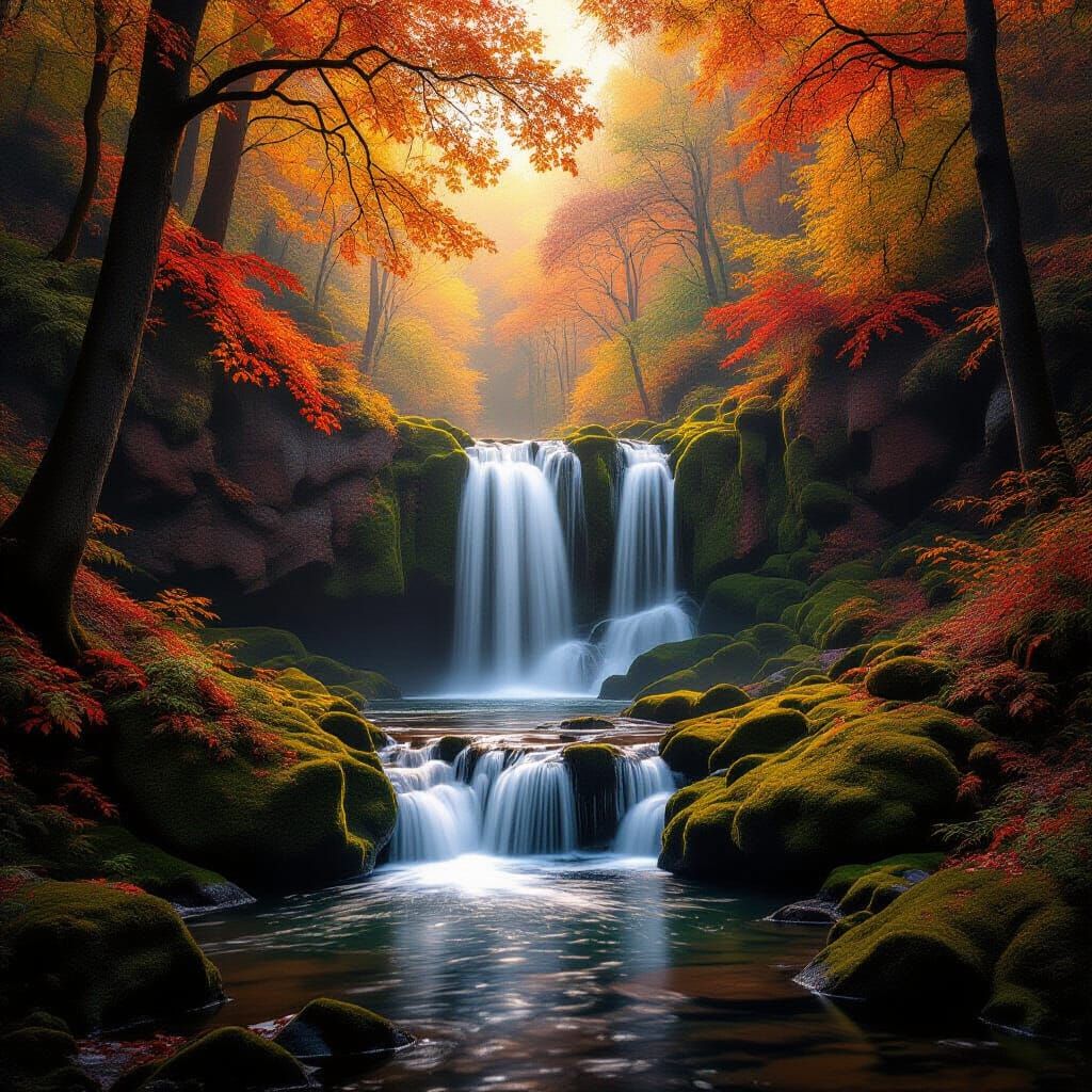 Hidden Waterfall in Glowing Autumn Forest, 8k Photorealism