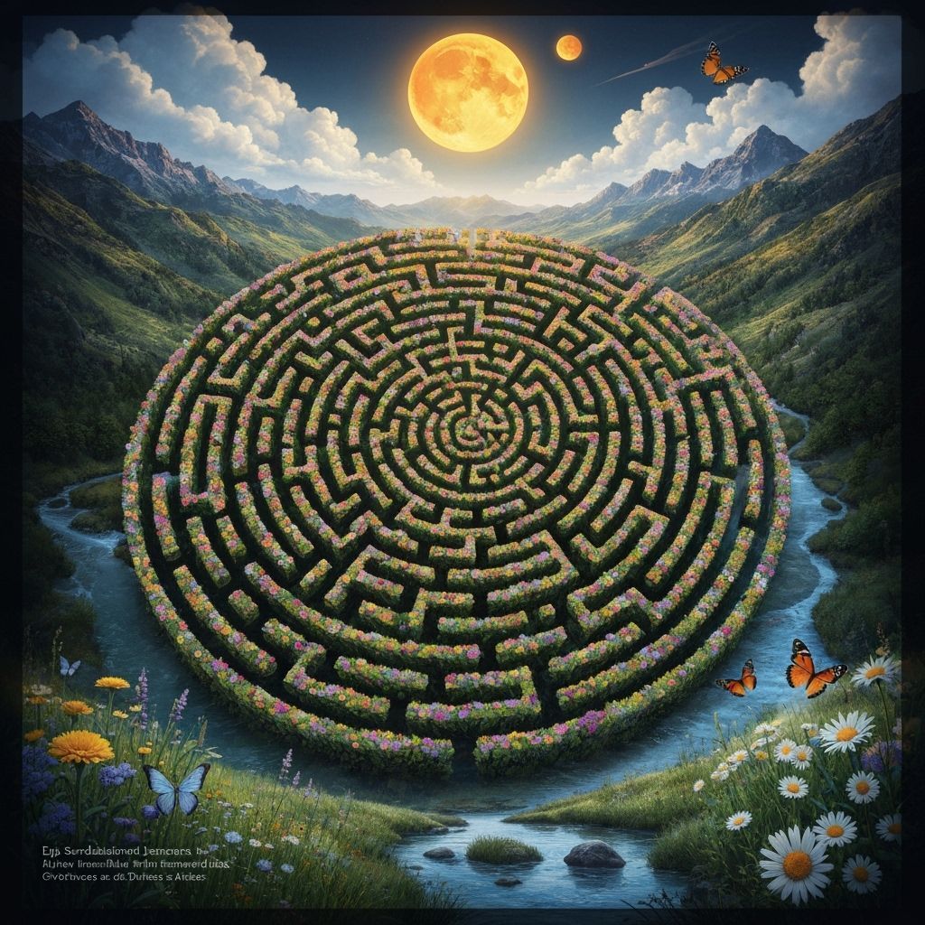 Surreal Spiral Maze Landscape with Sun, Moon, and Planets