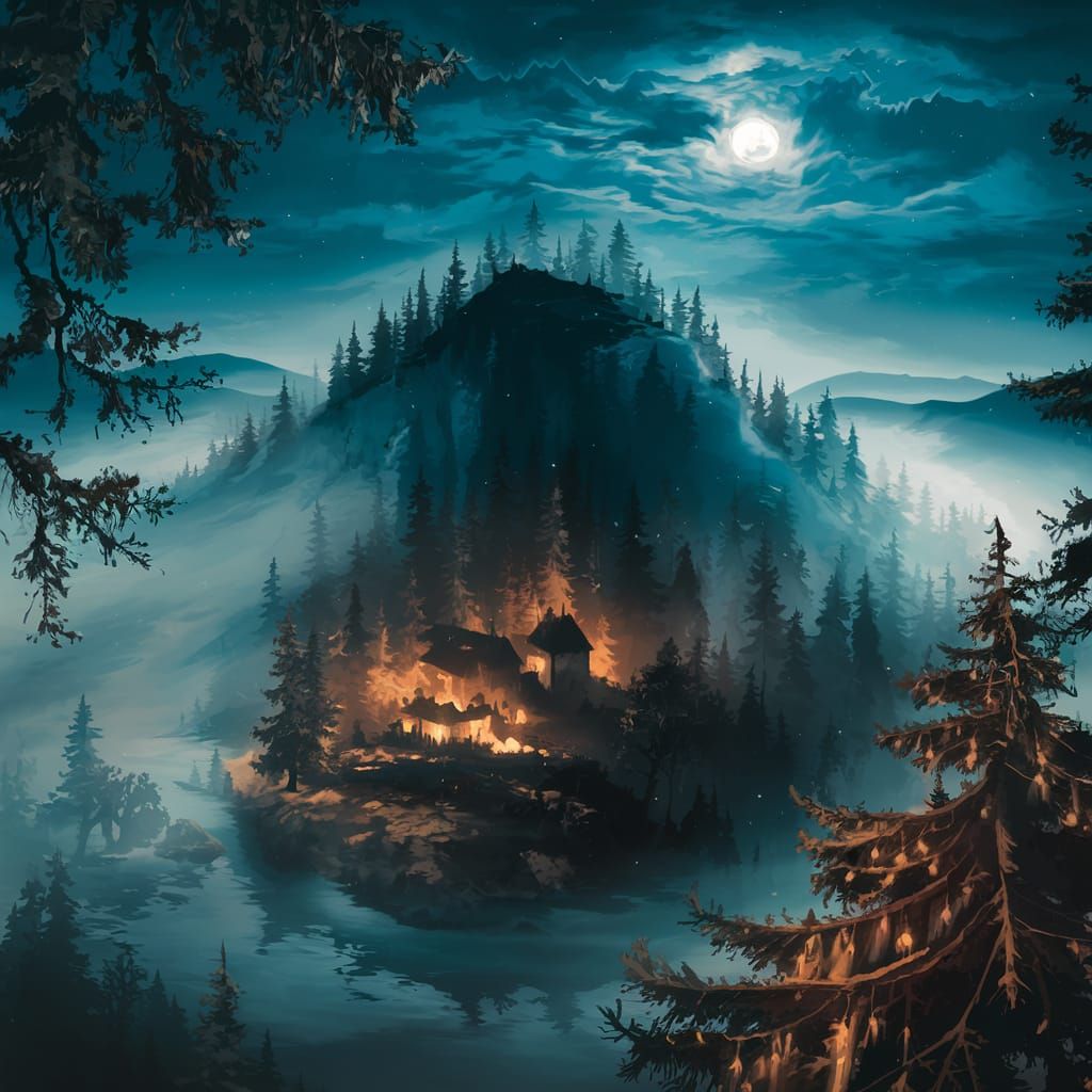 Medieval Village in Misty Forest at Night