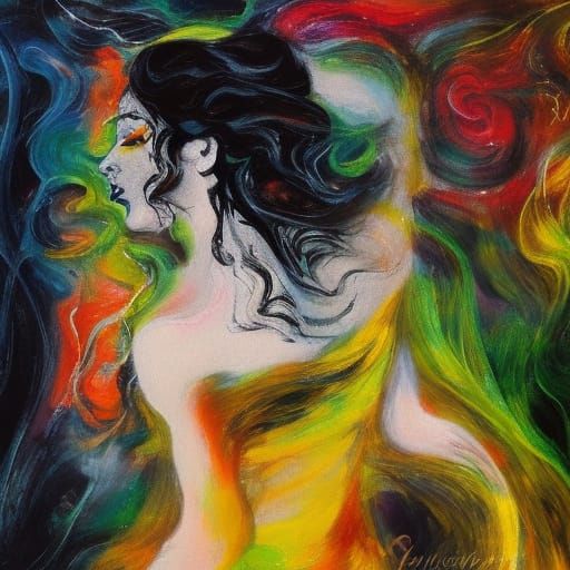 Kate Bush Portrait in Chagall Style with Acrylic Textures