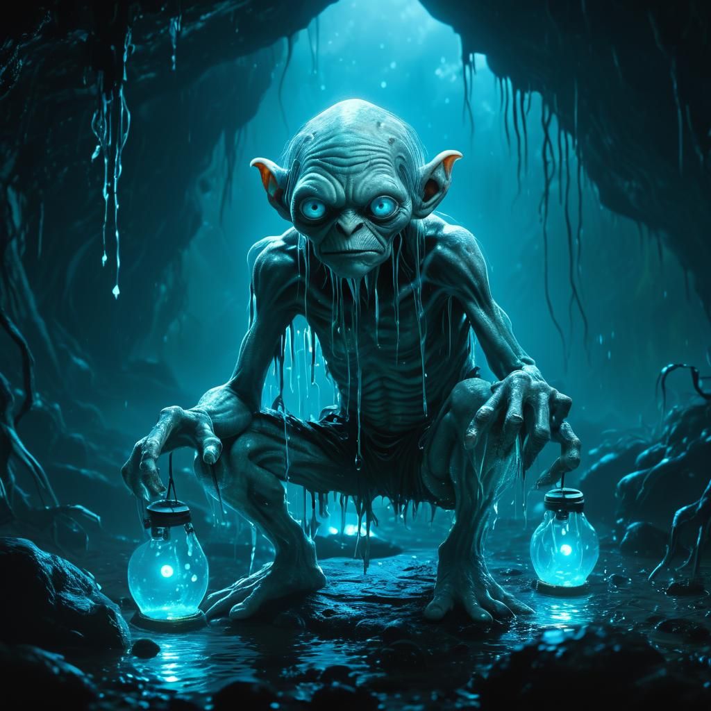 Gollum in a Bioluminescent Cave, Detailed Realism