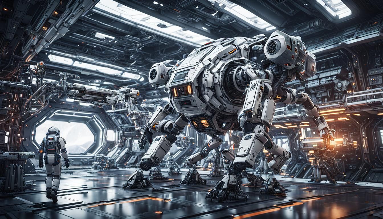 Spaceman Sweeping Rubbish on Futuristic Space Station